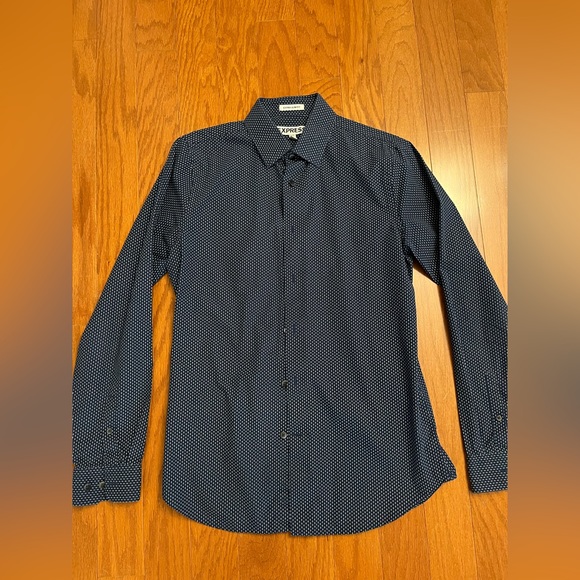 Express Extra Slim Fit Casual Dress Shirt Navy White Dot Men Size Small - Picture 1 of 5